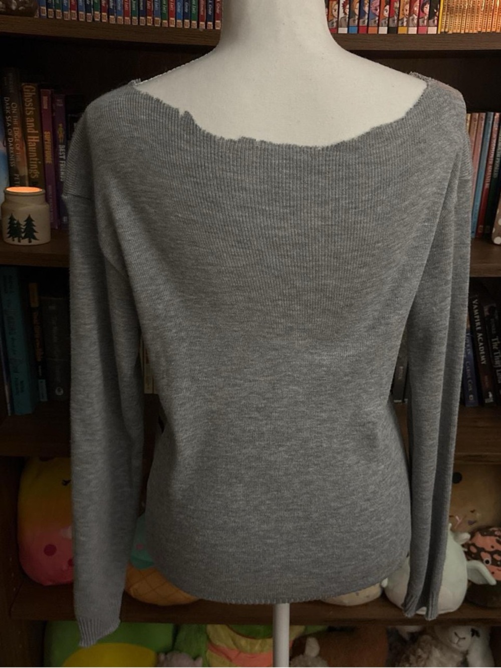 Gray Striped Women's Knit Sweater - Casual Pullover with Cut Out Collar - Picture 2 of 2